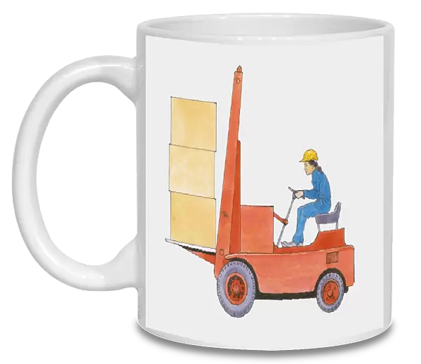 Illustration of woman using forklift transporting large boxes