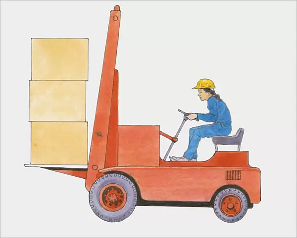 Illustration of woman using forklift transporting large boxes