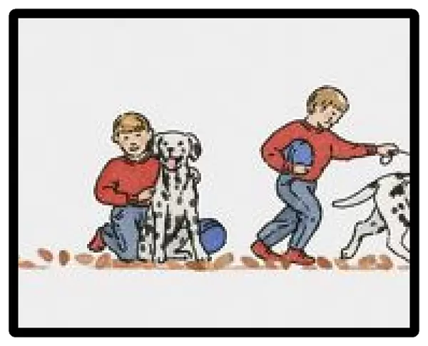 Sequence of illustrations of boy playing with Dalmatian dog