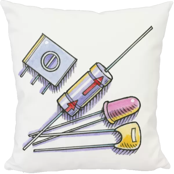 Illustration of electrolytic capacitator, LED, transistor resistor