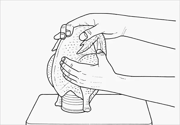 Black and white illustration of raw chicken on tin can filled with wine to add flavour