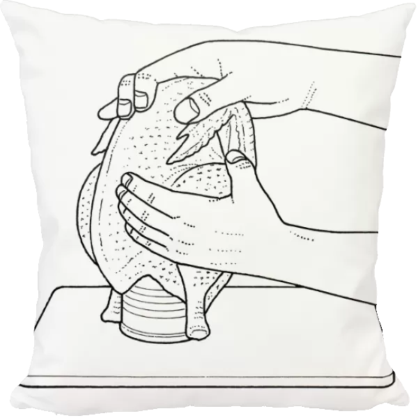 Black and white illustration of raw chicken on tin can filled with wine to add flavour