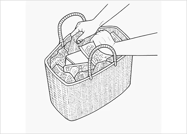 Black and white illustration of lining shopping basket with crumpled newspaper to insulate food as i
