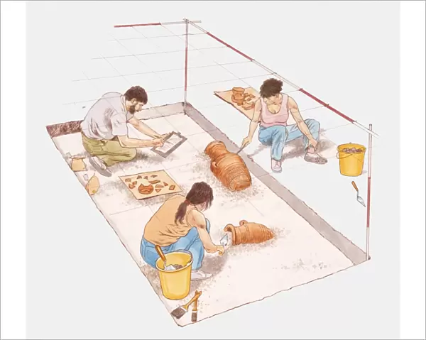 Digital illustration of archaeologists digging for pottery at ancient site