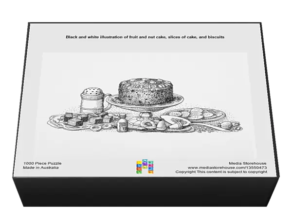 Black and white illustration of fruit and nut cake, slices of cake, and biscuits