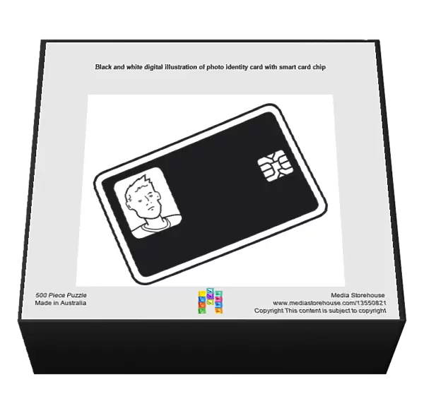 Black and white digital illustration of photo identity card with smart card chip