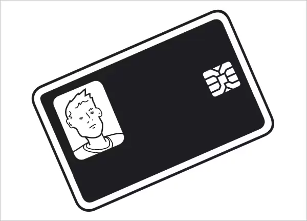 Black and white digital illustration of photo identity card with smart card chip