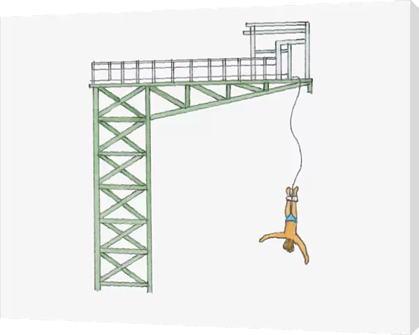 Digital illustration of young man bungee jumping from platform