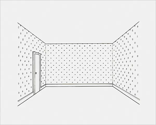 Black and white illustration of wallpaper on walls decorated with simple repetitive pattern