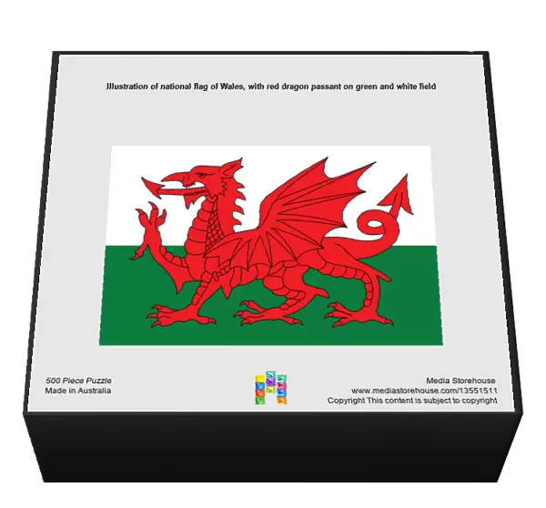 Illustration of national flag of Wales, with red dragon passant on green and white field
