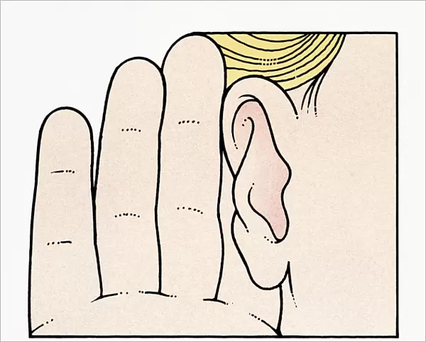 Illustration of childs hand held up to ear