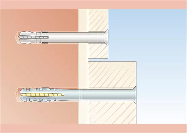 Cross section digital Illustration of hammer-in and screw-in frame fixings in wall through timber