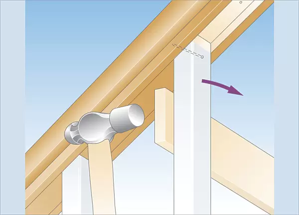 Digital illustration of how to free baluster by using hammer tapped against offcut