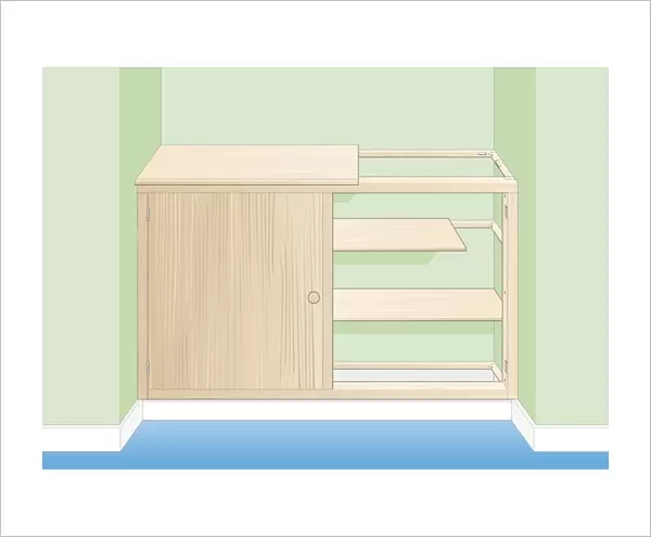 Digital illustration of partially constructed cupboard with timber frame