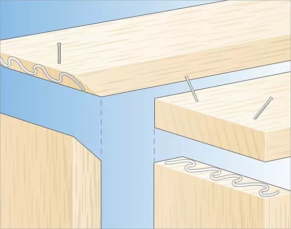Digital illustration of glue on butt joint reinforced with nails, for basic wood framework