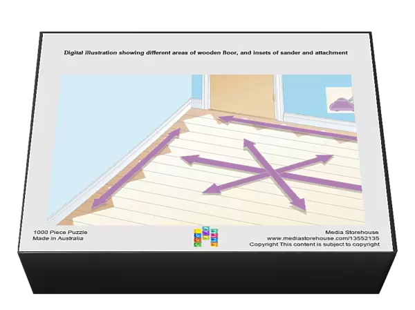 Digital illustration showing different areas of wooden floor, and insets of sander and attachment