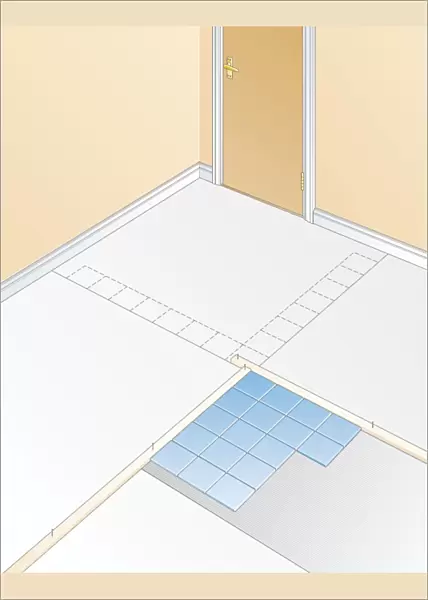 Digital illustration showing planning of tiled floor with battens, central line, and laid tiles