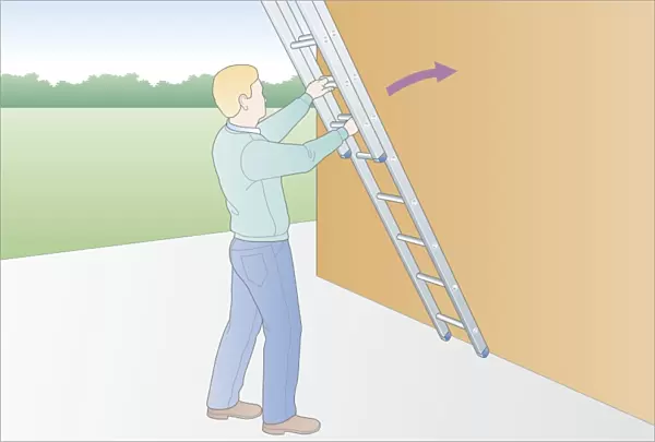 Digital illustration of man holding extension ladder against outside wall