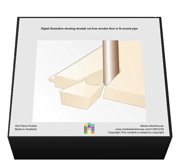 Digital illustration showing dovetail cut from wooden floor to fit around pipe