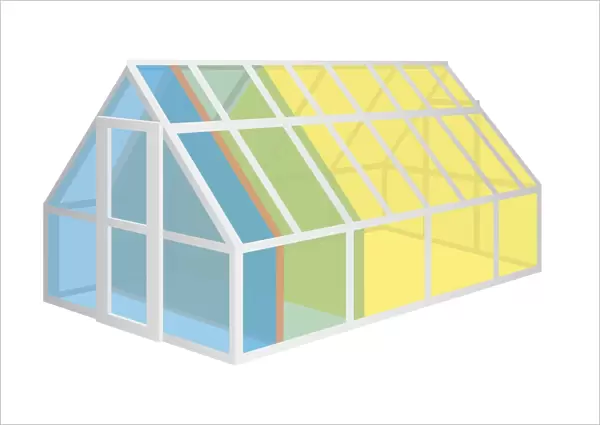 Digital illustration of greenhouse representing gas emissions by weight showing Nitrous Oxide (blue), Artificial Gases (orange) Methane (green), Carbon Dioxide (Yellow)