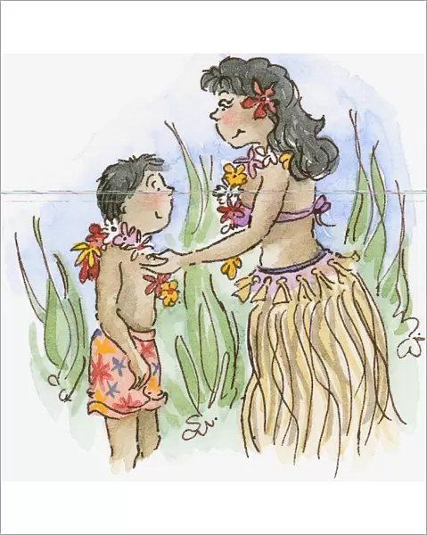 Cartoon of woman in traditional Hawaiian skirt hanging Lie on neck of boy