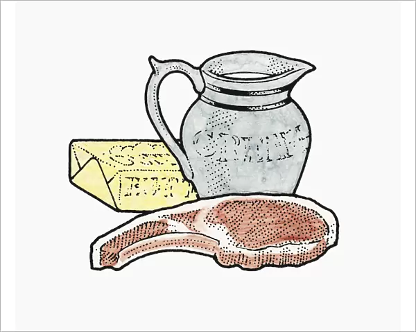 Illustration of jug of fresh cream, raw pork chop and packet of butter