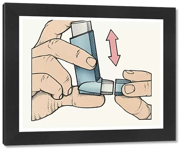 Illustration of hand holding asthma inhaler