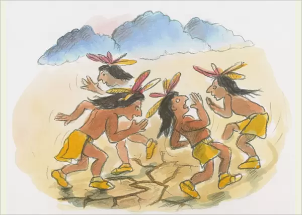 Cartoon of Native American men performing rain dance