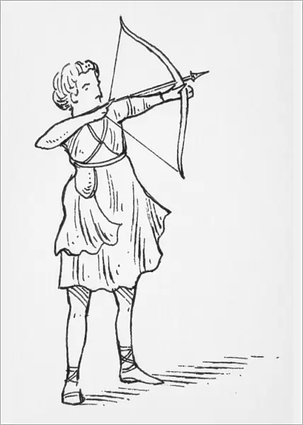 Black and white illustration of Roman goddess Diana holding a bow and arrow