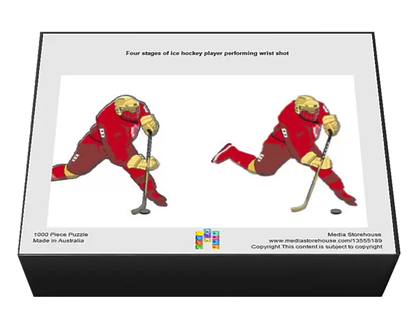 Four stages of ice hockey player performing wrist shot