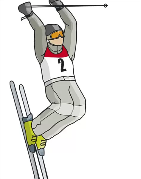 Freestyle skier in mid air, arms raised