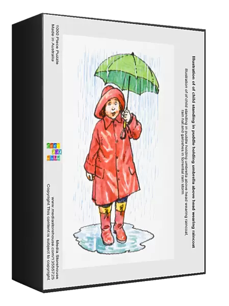 Illustration of of child standing in puddle holding umbrella above head wearing raincoat, rain hat and galoshes in torrential rain storm