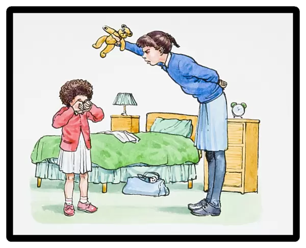 Illustration of sneering teenage girl teasing crying sister by holding teddy bear above her head