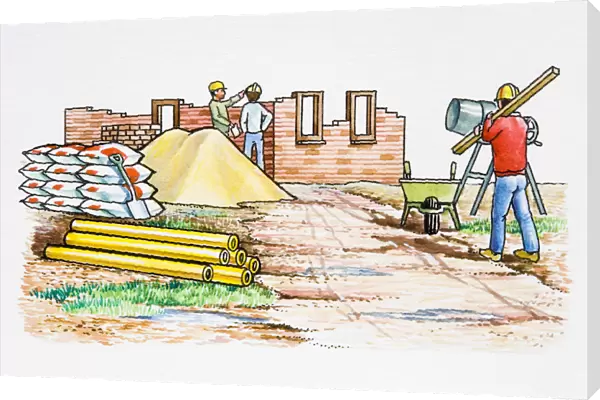 Three men working on building site