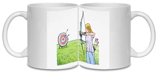 Woman holding bow and arrow, aiming at target