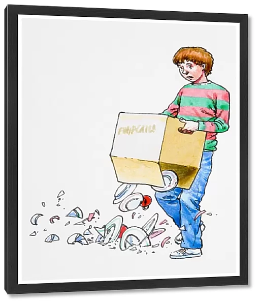 Boy holding box, contents dropping onto floor