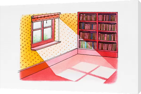 Light falling through window into room, bookshelf