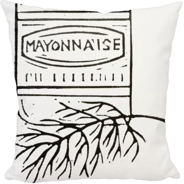 Black and white illustration of jar of mayonnaise and herbs