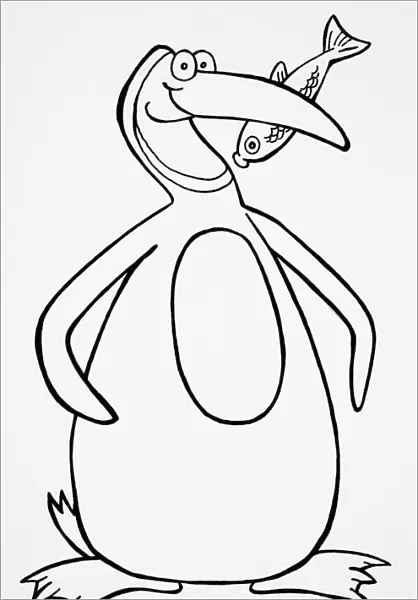 Humorous depiction of penguin with fish in beak