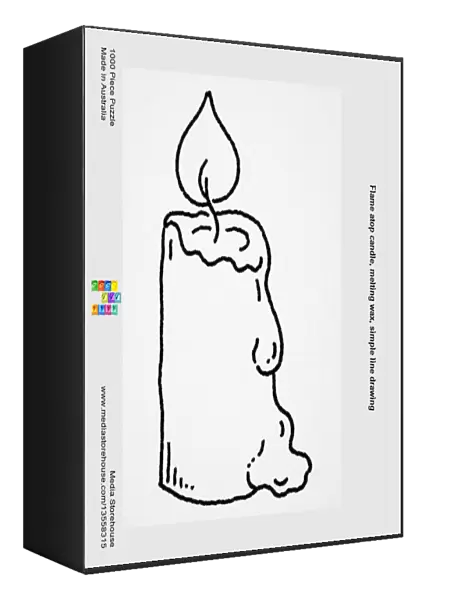 Flame atop candle, melting wax, simple line drawing