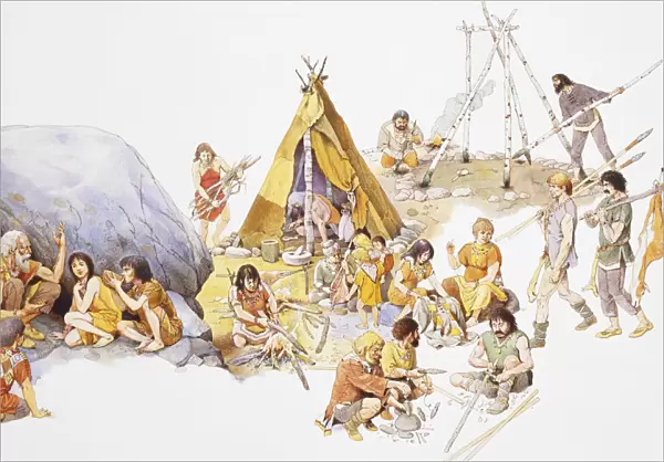Mesolithic man, gathering around fire in family groups and building dwellings