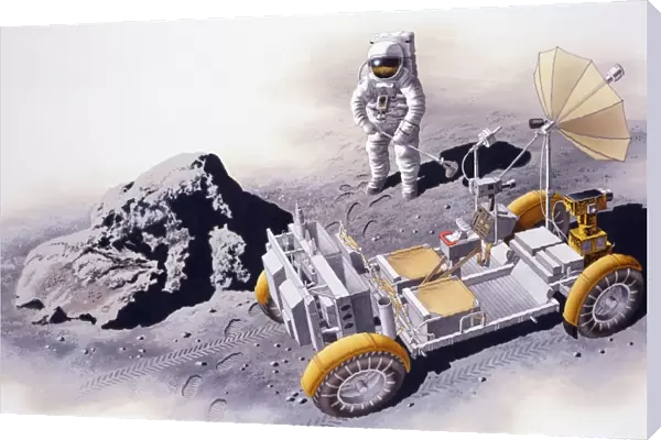 Astronaut standing near Lunar Roving Vehicle (LRV) and boulder on surface of moon, elevated view