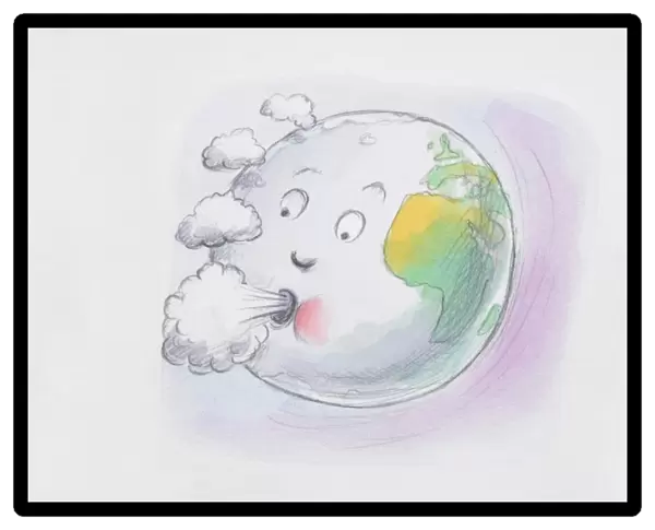 Comical depiction of Earth globe with face blowing clouds from mouth