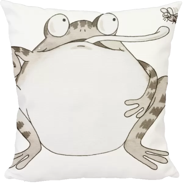 Cartoon, Frog looking up and sticking out its long tongue to catch Fly, front view