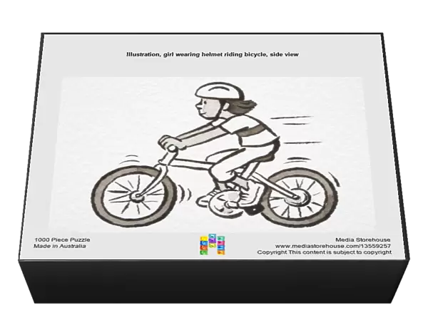Illustration, girl wearing helmet riding bicycle, side view