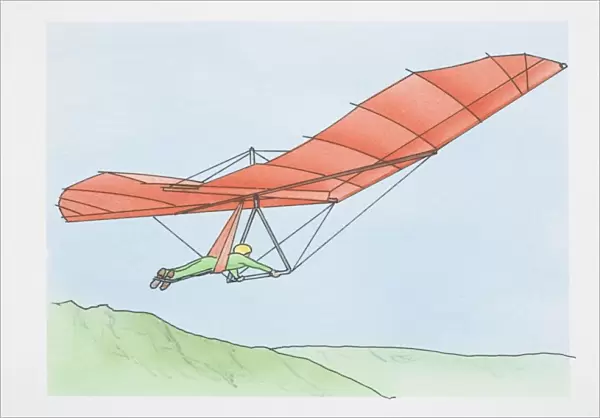 Illustration, man riding red hang glider over green hills, side view