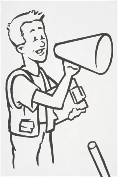 Illustration, man holding clipboard and speaking into loudspeaker, side view