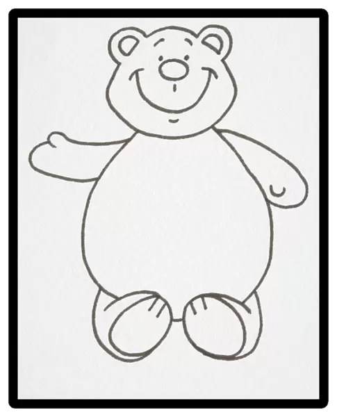 Illustration, smiling teddy bear, sitting and waving right arm, front view