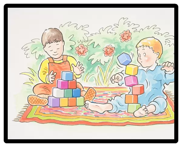 Two toddlers on rug building with square bricks
