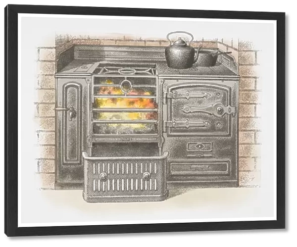 Illustration, iron kitchen stove burning coal
